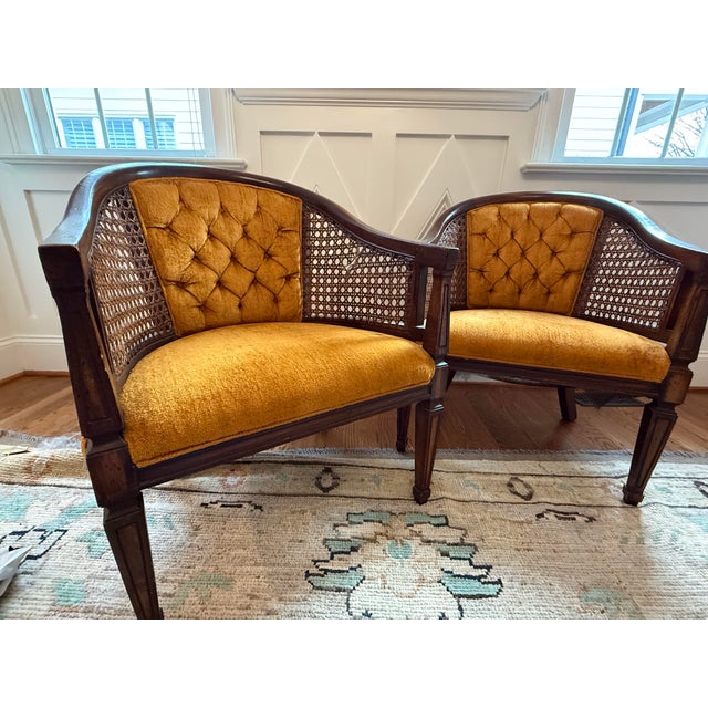 Pair of 1970s Golden Ochre Cane-Back Armchairs With Tufted Upholstery For Sale - Image 9 of 9