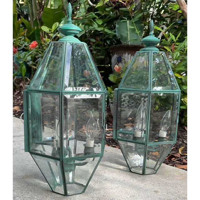 Turquoise Pair of Vintage Solid Brass Wall Lanterns – Large Beveled Glass Sconces For Sale - Image 8 of 17