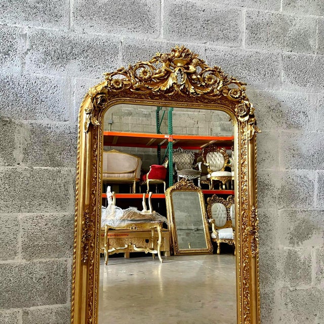 French Style Gold Floral Floor Mirror – 5 Ft Tall Statement Mirror With Gold Leaf and Angel Details For Sale - Image 4 of 8