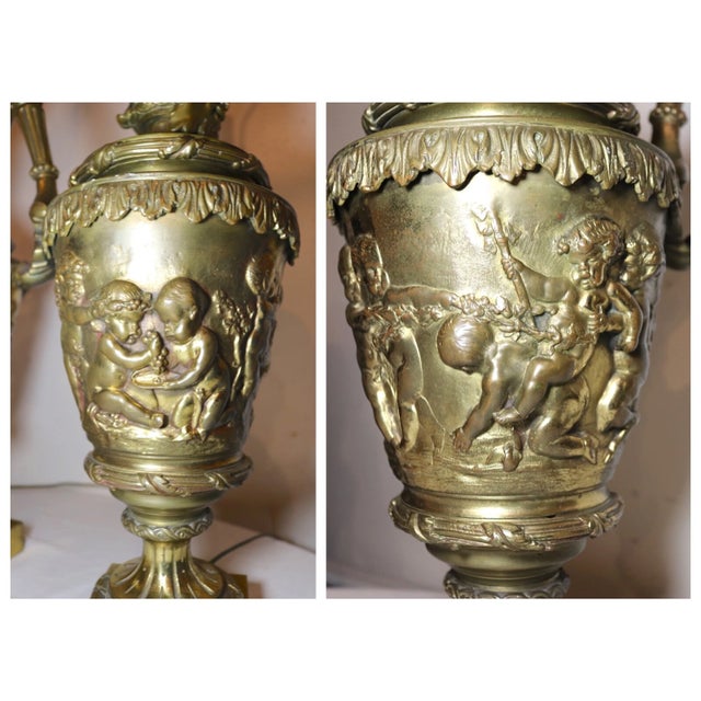 Bronze Huge Pair of 1800's Antique Gilt Bronze Figural Cherub Ewer Urn Vase Table Lamps For Sale - Image 8 of 12