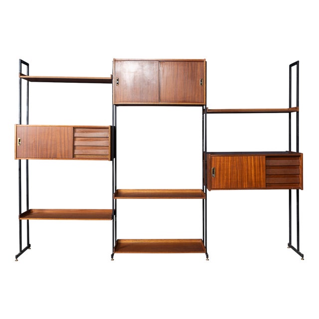 Vintage 20th Century Italian Modular Teak Wall Cabinet, 1960s For Sale