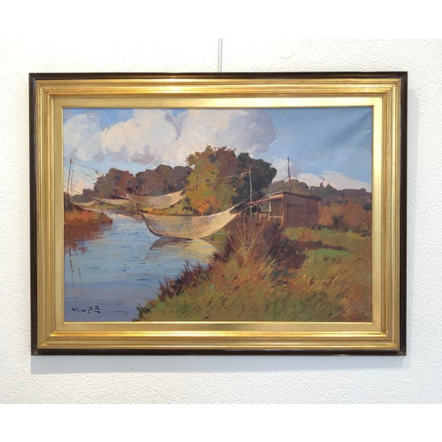 Post-war and contemporary Italian painter, born in 1943. Angiolo Volpe's work has been auctioned many times. Golden wooden...