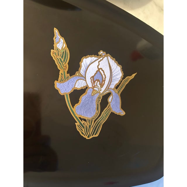 Mid Century modern violet and blue violet Floral Tray with a well executed iris in center. This lovely tray was made for...