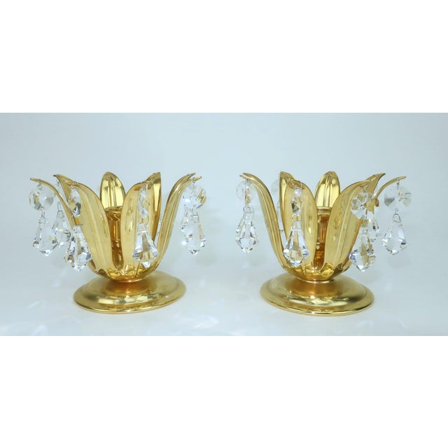 Mid-Century Modern 1980's Lycenta Sweden Gold Plated & Crystal Candle Holders, a Pair For Sale - Image 3 of 8