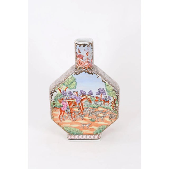 Vintage Hand painted Porcelain Vase " Hunter," exported to Europe from China. Details show the a successful hunt with...
