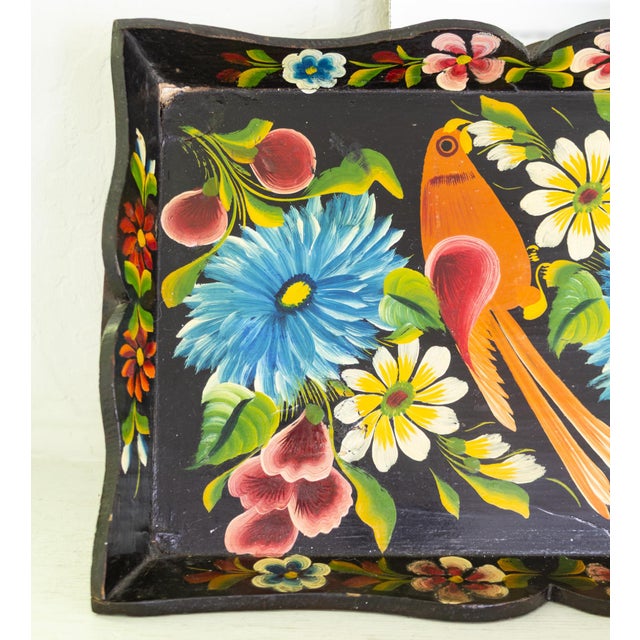 1930s 1930s Hand Painted Mexican Folk Art Tray With Polychrome Flowers and Bird For Sale - Image 5 of 16