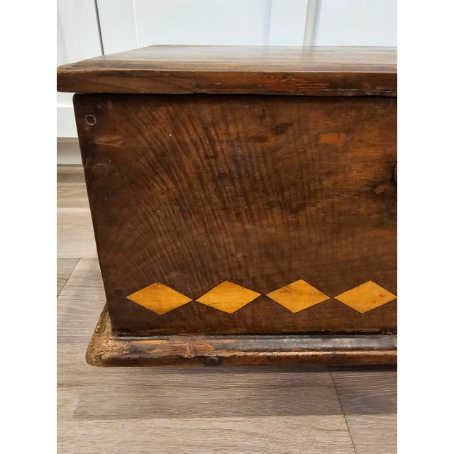 Brown Spanish Colonial Era Antique Diamond Parquetry Inlaid Cedar Chest Box or Trunk For Sale - Image 8 of 12