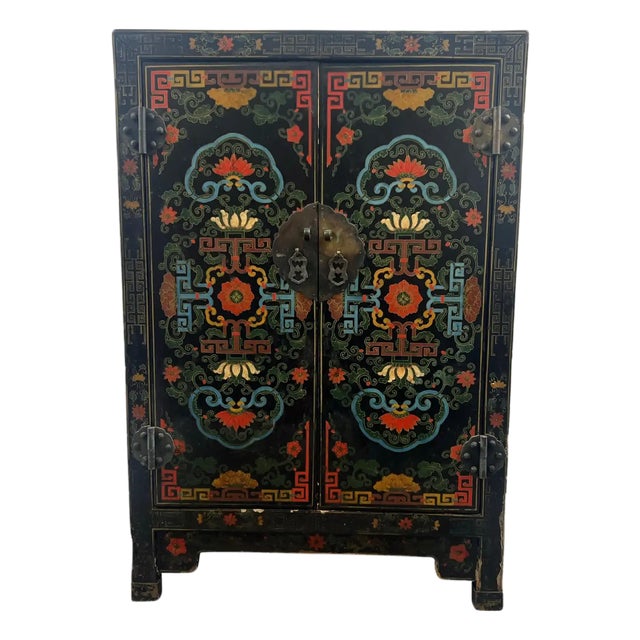 Vintage Asian Black Lacquered Cabinet or Chest With Hand-Painted Floral Motif For Sale