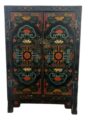 Vintage Asian Black Lacquered Cabinet or Chest With Hand-Painted Floral Motif