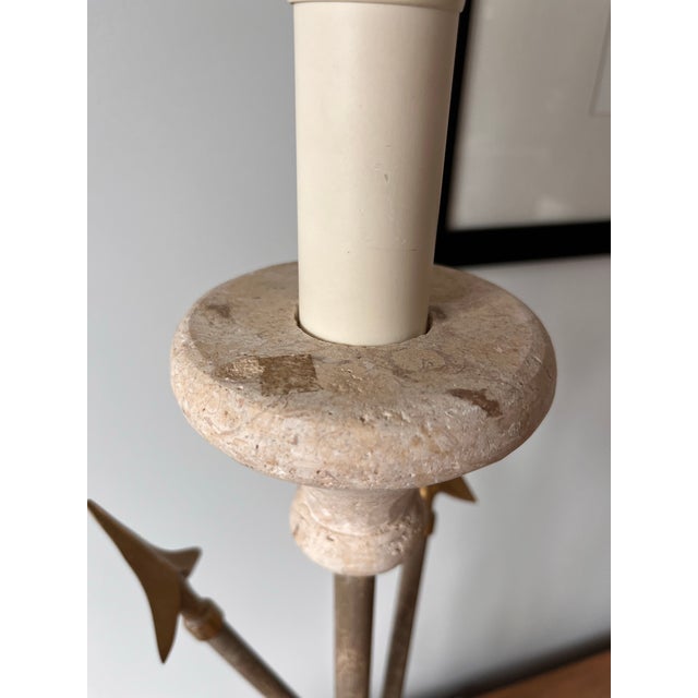 Mid 20th Century French Arrow & Tassel Lamps on Travertine Bases With Original Fabric Shades-a Pair For Sale - Image 9 of 12
