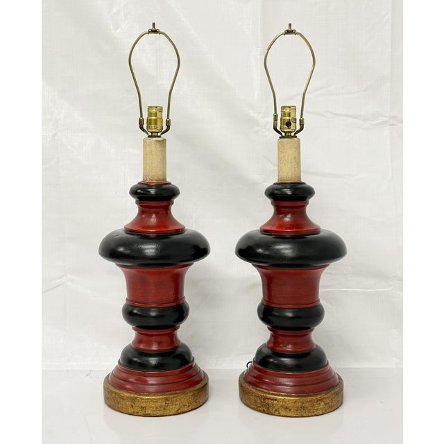 1960s Red Black & Gilt Ceramic Table Lamps, American Modern - a Pair For Sale In Los Angeles - Image 6 of 18