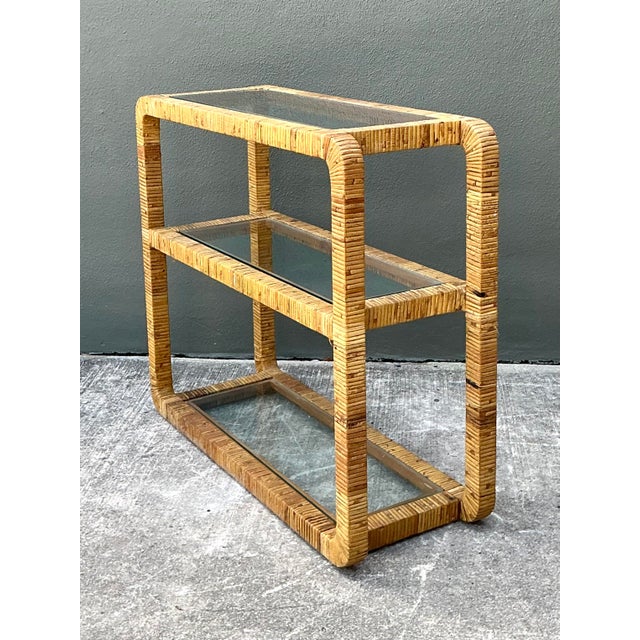 Camel Vintage Wrapped Rattan Low Etagere For Sale - Image 8 of 12