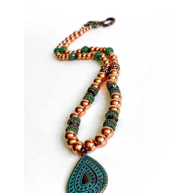 Artisan Solid Copper & Green Aventurine Statement Necklace | Verdigris Patina Pendant | Bohemian Luxe Handcrafted Jewelry For Sale In New York - Image 6 of 18