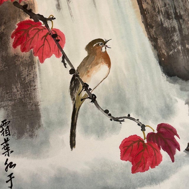 Waxwing Falls Ink and watercolor on Chinese origin paper with silk mounting, wood, silk tie 58 x 16.5 inches This elegant...