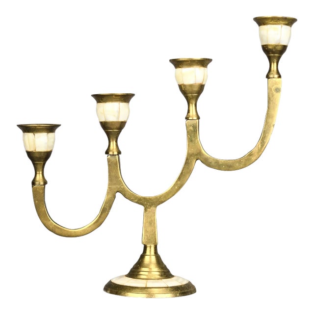 Vintage Solid Brass Mother of Pearl Candelabra For Sale
