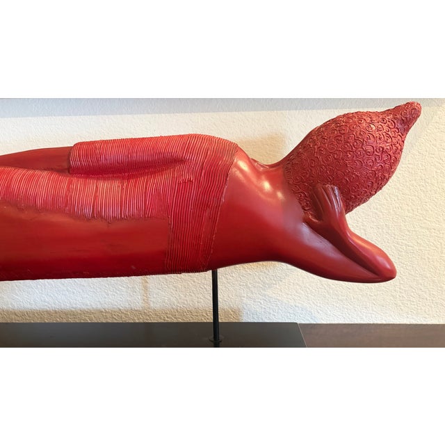 Ruby Red 39" Wooden Red Reclining Buddha * Made in Indonesia * Traditional Asian Art For Sale - Image 8 of 14