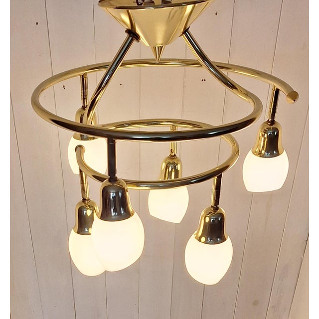 Vintage Ceiling Lamp with Spiral Brass Frame and 6 Opaque White Glass Shades, 1990s For Sale - Image 3 of 7