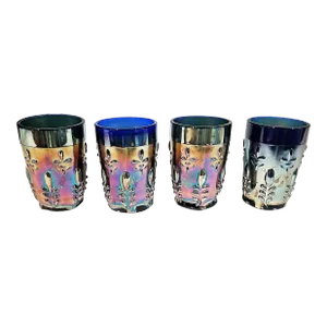 1930s St Clair Blue Iridescent Fleur De Lis Carnival Tumblers, Set of 4