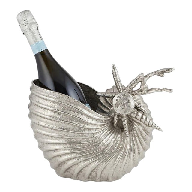 Sculptural Nautilus Shell Wine Cooler / Holder in Nickel-Plated Aluminum - Palm Beach Regency, Coastal, Beach House Must Have - See Pics! For Sale