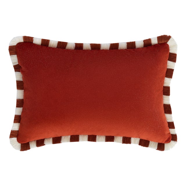 Bicolor Happy Cushion in Brick Velvet with Brick and White Fringes from Lo Decor For Sale