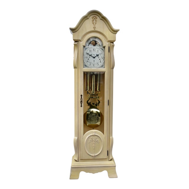 Vintage Sligh Carved Venetian Style Distressed Whitewash Grandfathers Clock For Sale