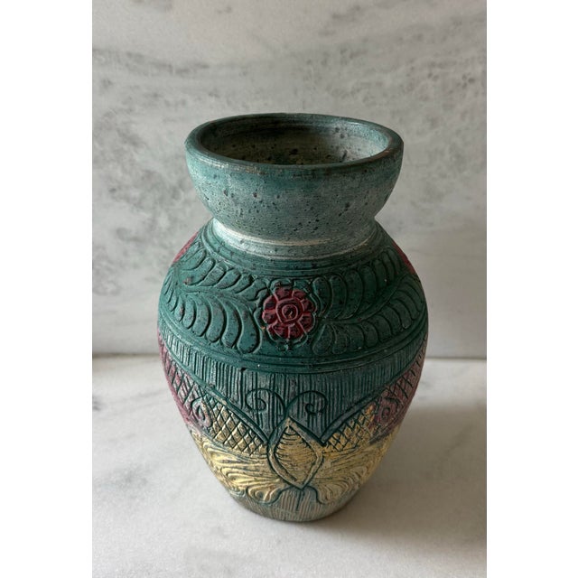 Handmade Sgraffito Pottery Vase With Butterfly and Floral Design For Sale - Image 4 of 9