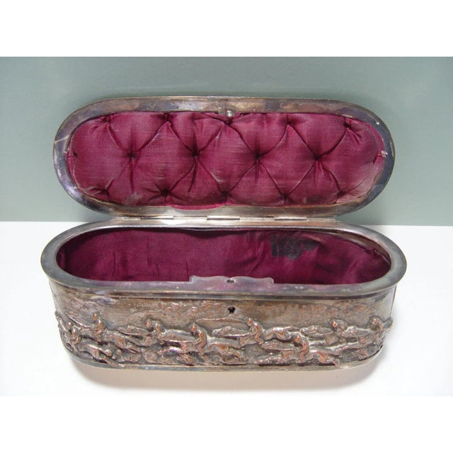 Antique french silver plate over copper jewelry casket with very high relief horse racing equine motif all around, circa...