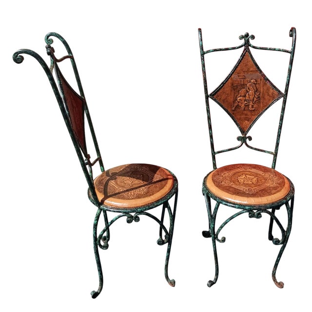 Copper Exceptional Pair of Elegant Iron and Leather Brutalist 1970s French Chairs With Enduring Strength. For Sale - Image 8 of 12