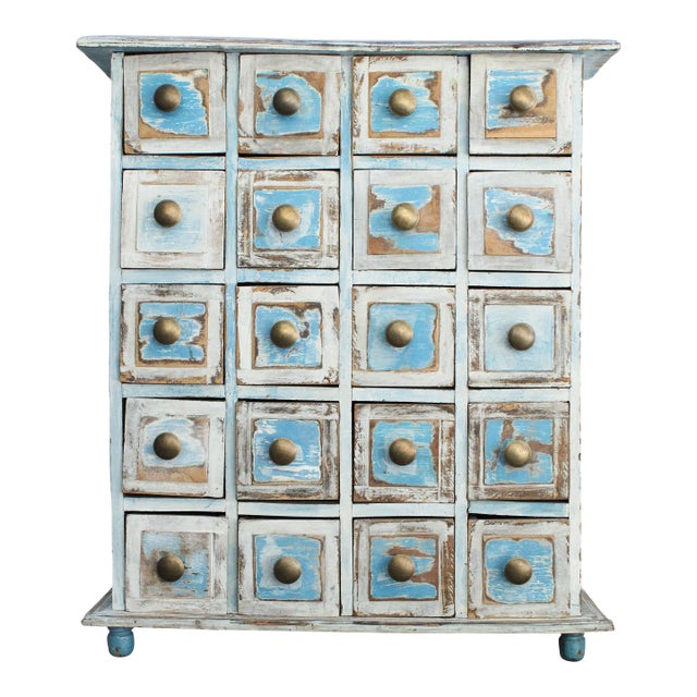 Rustic Painted Vintage Blue Apothecary Cabinet For Sale