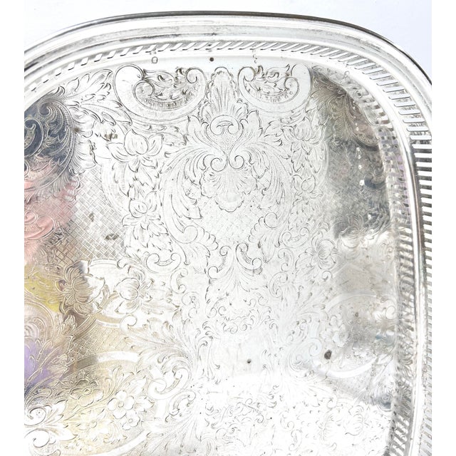 Antique Silverplate Gallery Tray – Engraved Serving Tray With Cast Feet, c.1900 Bar Cart Entertaining For Sale - Image 10 of 12