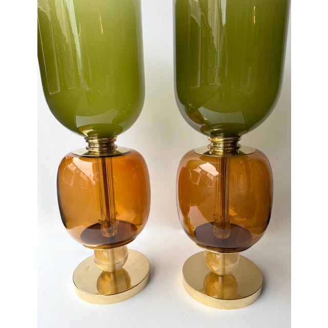 Contemporary Pair of Brass and Murano Glass Green Shades Lamps, Italy For Sale - Image 11 of 11