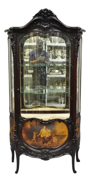 French Louis XV Mahogany Hand Painted Curved Glass Vernis Martin Curio Cabinet