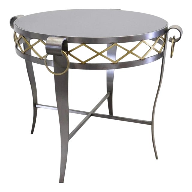 Late 20th Century Neoclassical Maison Jansen Style Steel Black Marble Round Bouillotte Side Table For Sale