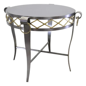 Late 20th Century Neoclassical Maison Jansen Style Steel Black Marble Round Bouillotte Side Table