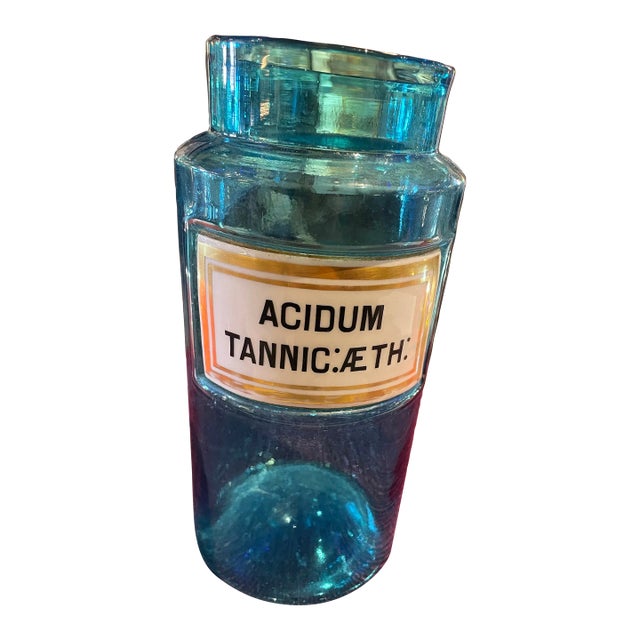 Antique French Aqua Glass Apothecary Jar Acidum Tannic For Sale
