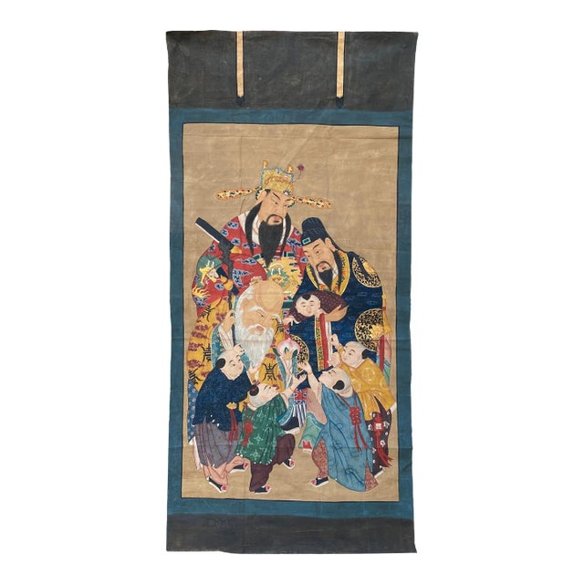 Large Chinese Vintage Canvas Color Ink SanXing (Fu Lu Shou) Painting Art For Sale