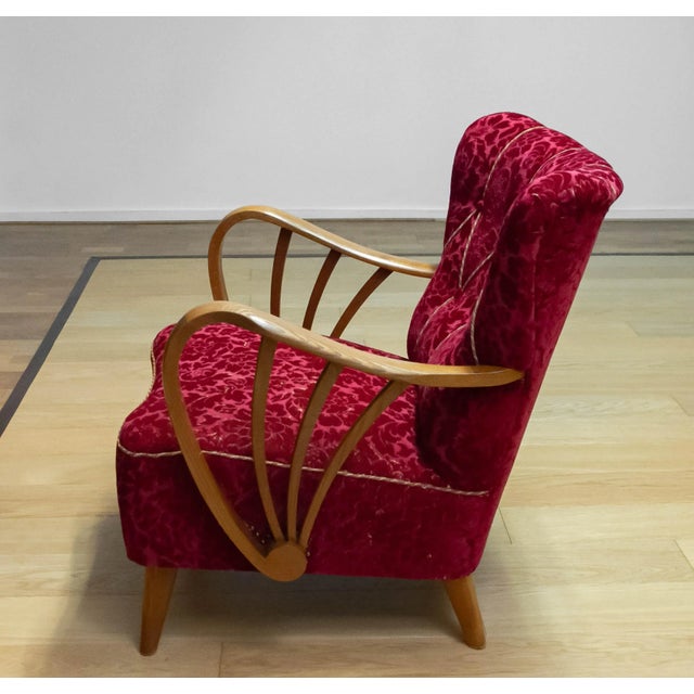 Mid-Century Modern Art Deco Swedish Armchairs with Oak Spoked Open Armrests by Sternells, 1940s For Sale - Image 3 of 9