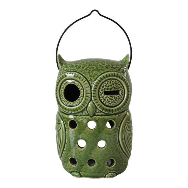 Vintage Ceramic Green Winking Owl Hanging Tea Light Candle Holder For Sale