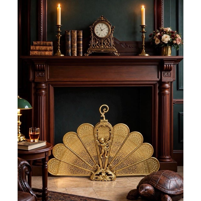 Brass Fireplace Screen Peacock Fan With Cherub Detail – Large, Polished Vintage For Sale - Image 9 of 11