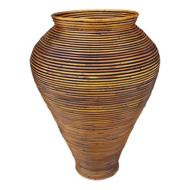 Vintage Italian Gabriela Crespi Style Pencil Reed Rattan Floor Vase For Sale
