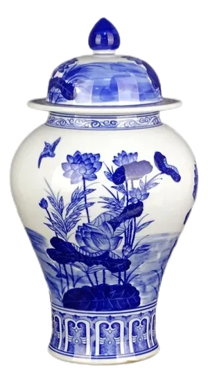 Antique Chinese Ceramic Pot Qing Dynasty Kangxi Marked Blue and White Porcelain Ginger Jar Hand Painted Lotus Flowers and Mandarin Duck Pattern