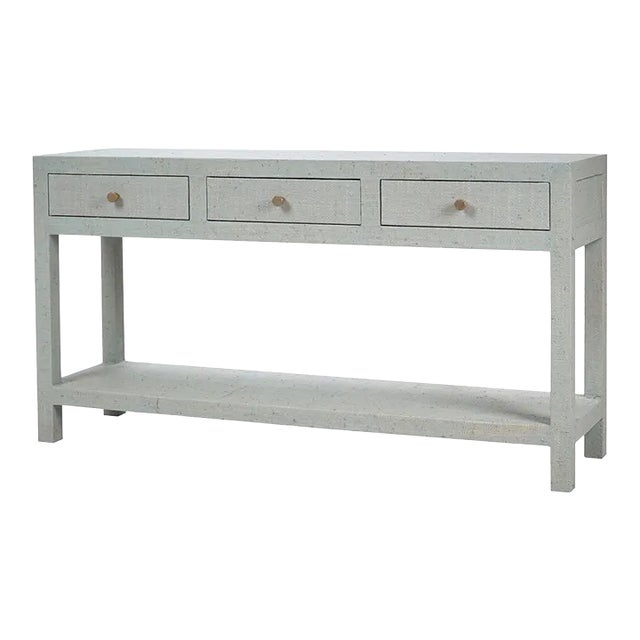 Pale Blue Washed Raffia Console Table For Sale