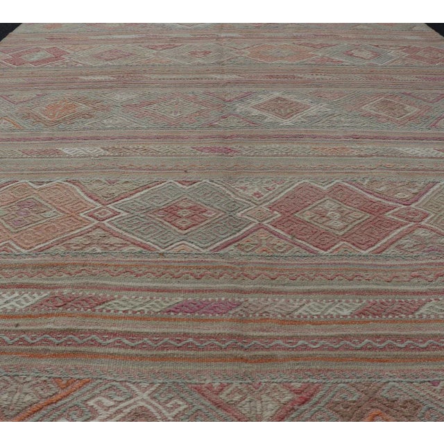 Colorful Vintage Embroidered Kilim with Stripes and Alternating Geometric Motifs. Keivan Woven Arts / rug EN-2016, country...