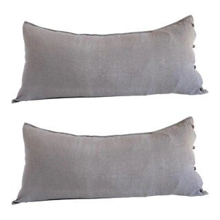 Pair of French Linen Lumbar Pillow Cover With Decorative Button Closure For Sale
