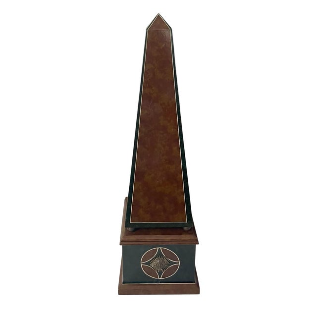 Neoclassical VTG Maitland-Smith Leather Obelisk Brass Sun Medallions Neoclassical 27x7” For Sale - Image 3 of 11