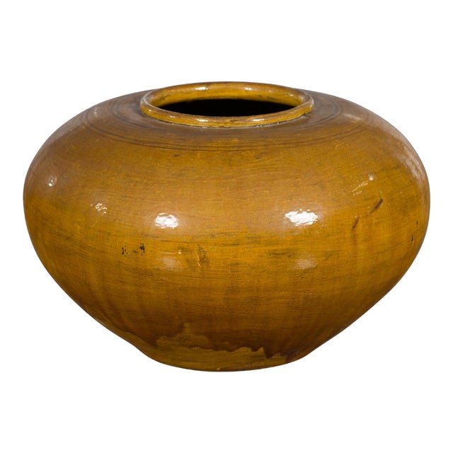 Chinese Vintage Porcelain Low Squat Planter with Yellow Mustard Glaze For Sale