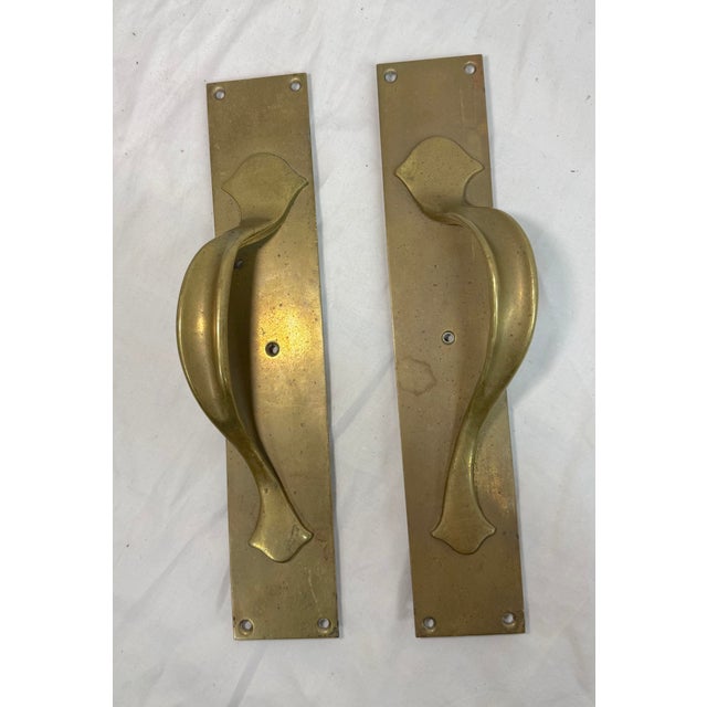 1940s Pair of Antique Heavy Thick Brass Art Nouveau Fixed Door Handles Hardware Pulls For Sale - Image 5 of 9