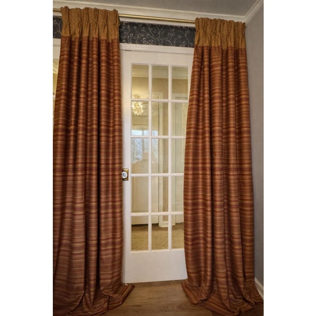 Beautiful pair of custom-made striped drapery panels in a substantial upholstery-weight woven fabric. Fully lined and...