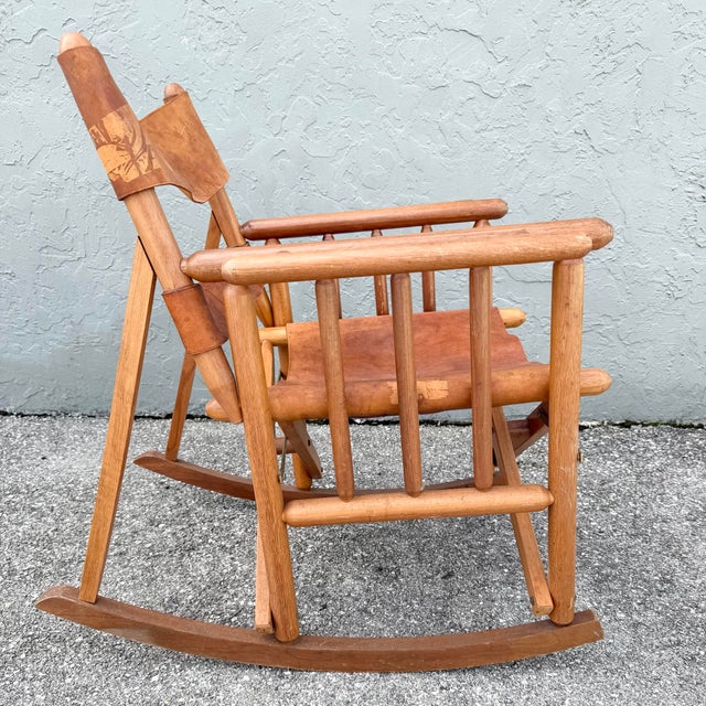 Vintage Costa Rican Wood and Leather Folding Rocking Chair For Sale In West Palm - Image 6 of 9