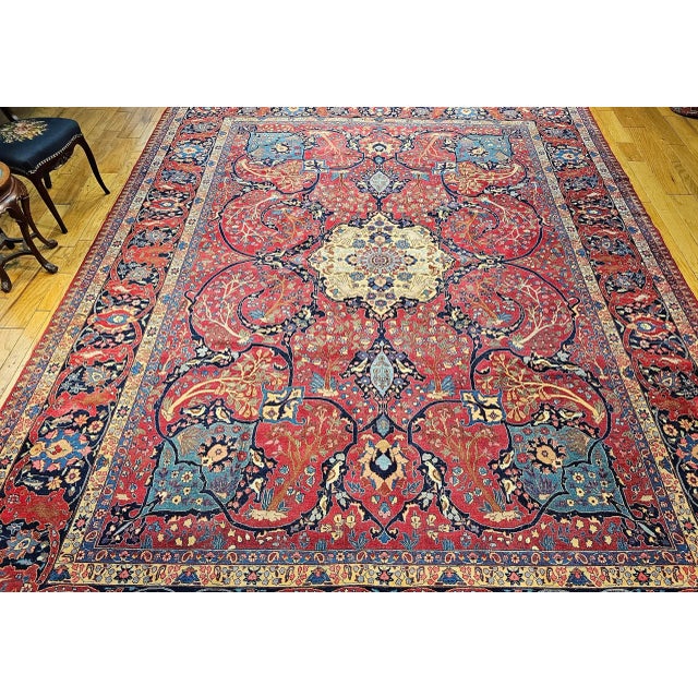 Vintage Persian Tabriz Rug, Handwoven Garden Floral Pattern, Crimson & Turquoise, 11’ X 15’ For Sale - Image 11 of 12